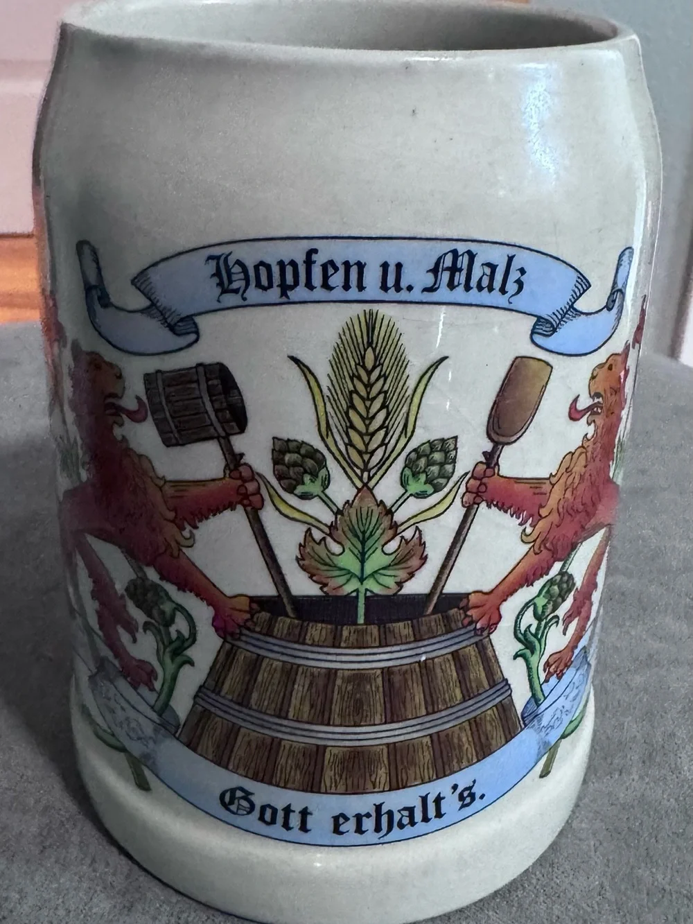Vintage West German Ceramic Beer Stein with Hopfen u. Malz Crest